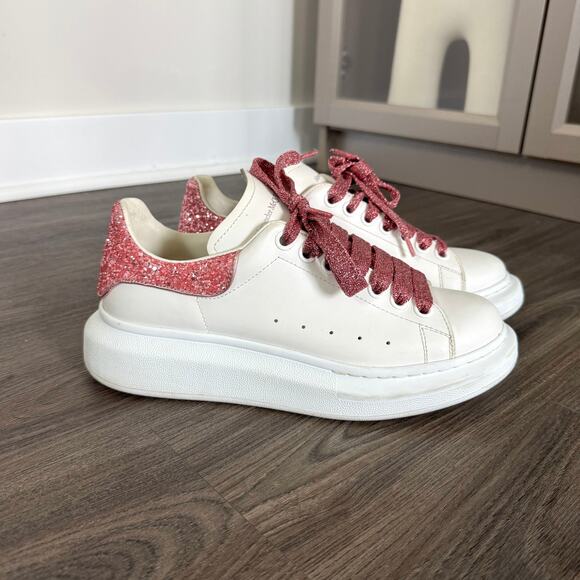 Alexander McQueen Oversized Glitter White Leather Pink Sneakers Size 38.5 - Picture 2 of 7